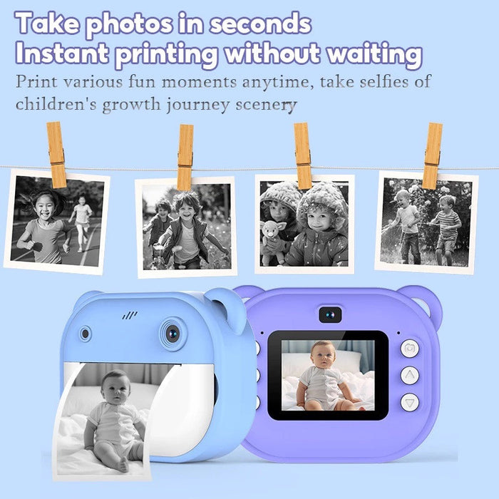 blue mini camera with instant print