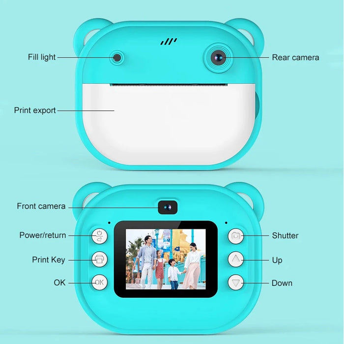 blue mini camera with instant print