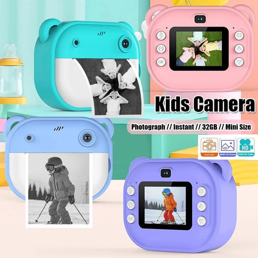 blue mini camera with instant print