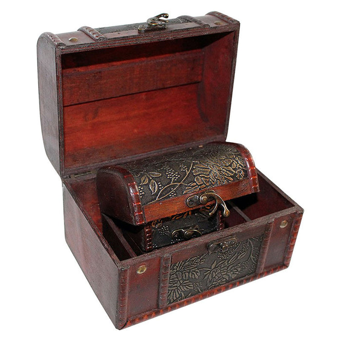 trio wooden treasure boxes