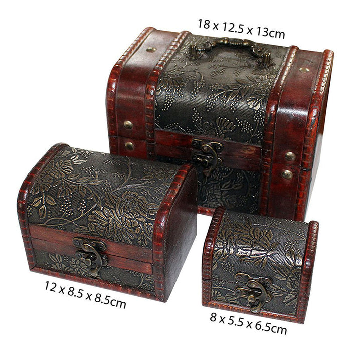 trio wooden treasure boxes