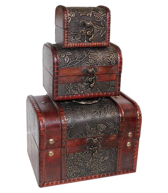 trio wooden treasure boxes